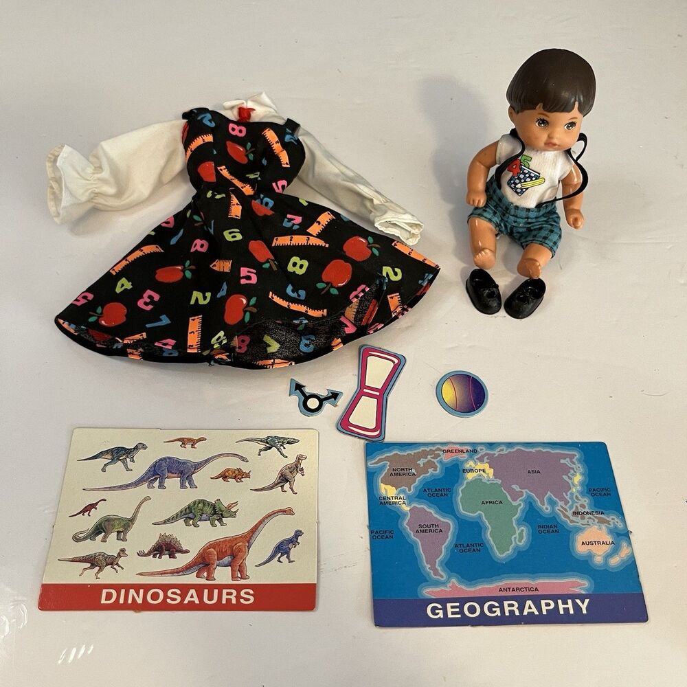 Barbie Teacher Accessories Lot Dress, Dark Hair Boy, Teaching Tools 1995 Mattel